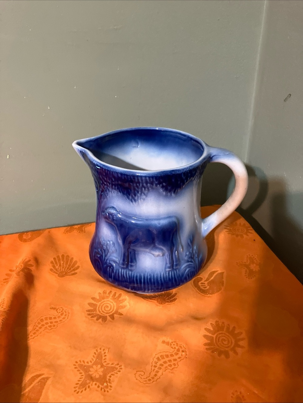 Vintage Flow Blue Pitcher w Relief Cows Stoneware Pottery -